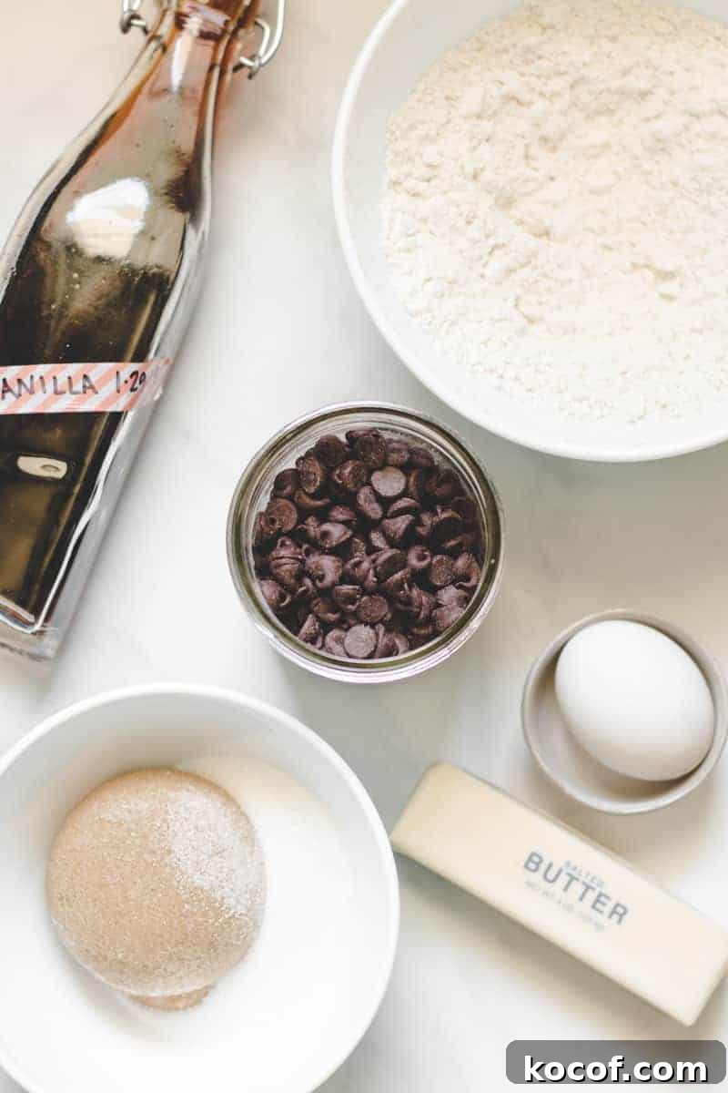 Chewy Gluten-Free Chocolate Chip Cookies Recipe 3 Ingredients laid flat for chocolate chip cookies, egg, butter, flour, sugars, chocolate chips, and a bottle of vanilla.