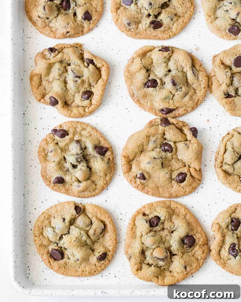 Chewy Gluten-Free Chocolate Chip Cookies Recipe 4 A speckled cookie sheet with baked chocolate chip cookies on it.