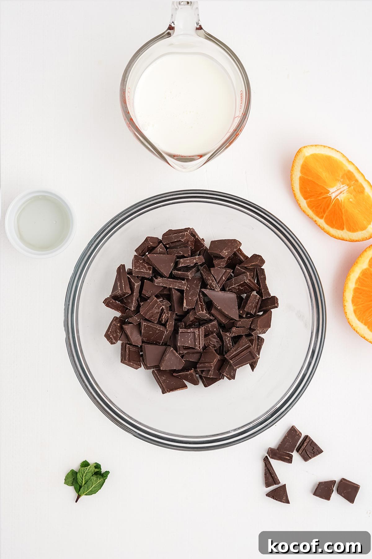 Ingredients to make chocolate ganache for chocolate and orange cake.