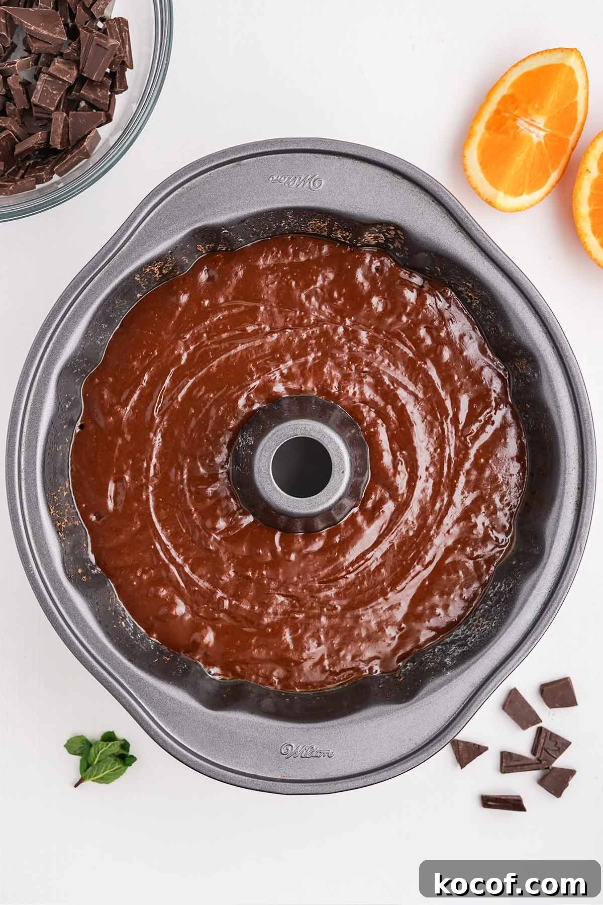 Batter is poured into a bundt pan.