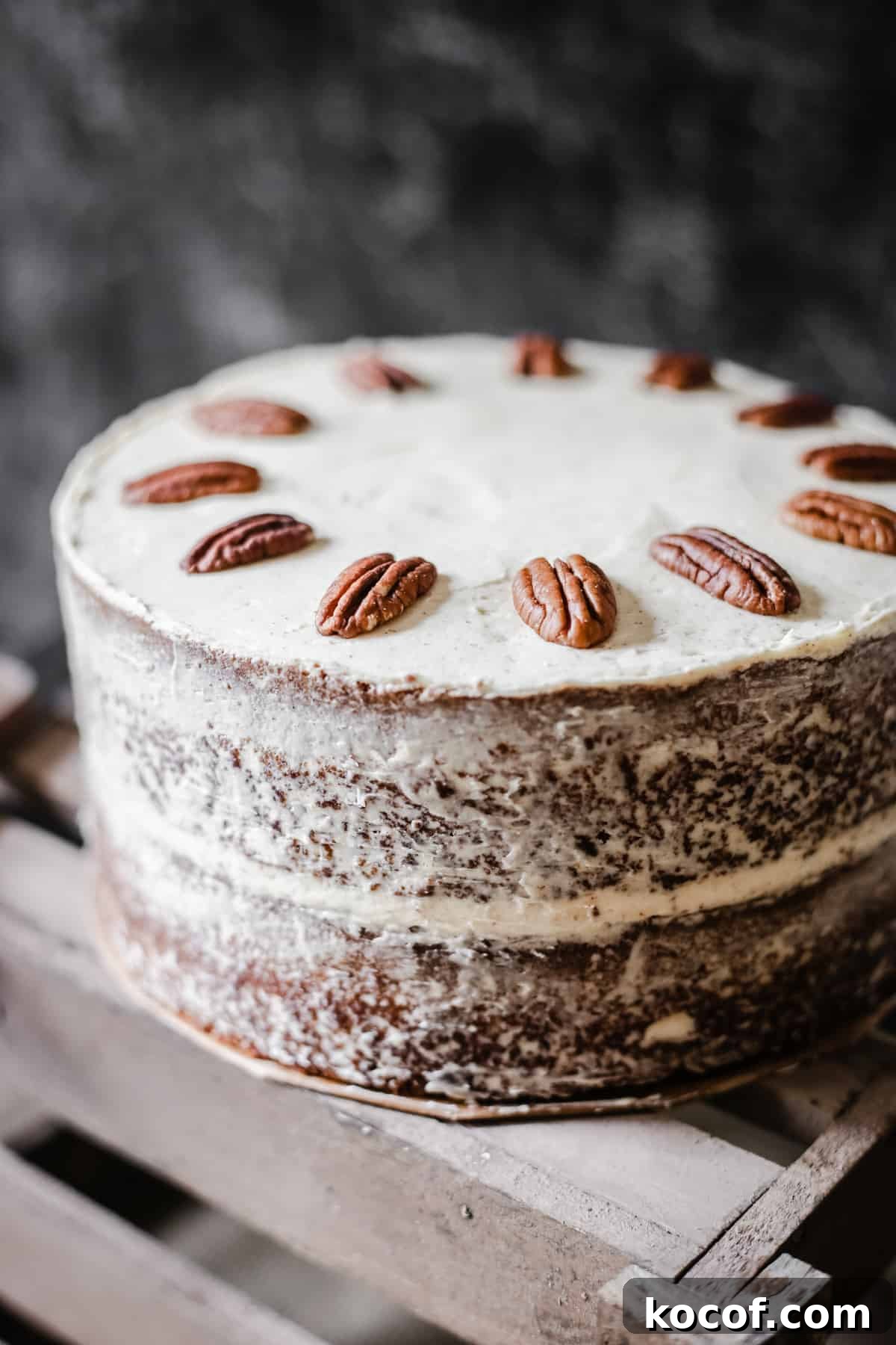 Gluten-Free Coffee Pecan Cake Recipe for Moist, Flavorful Slices 3 Pecan Butterscotch Latte Cake on a wooden box