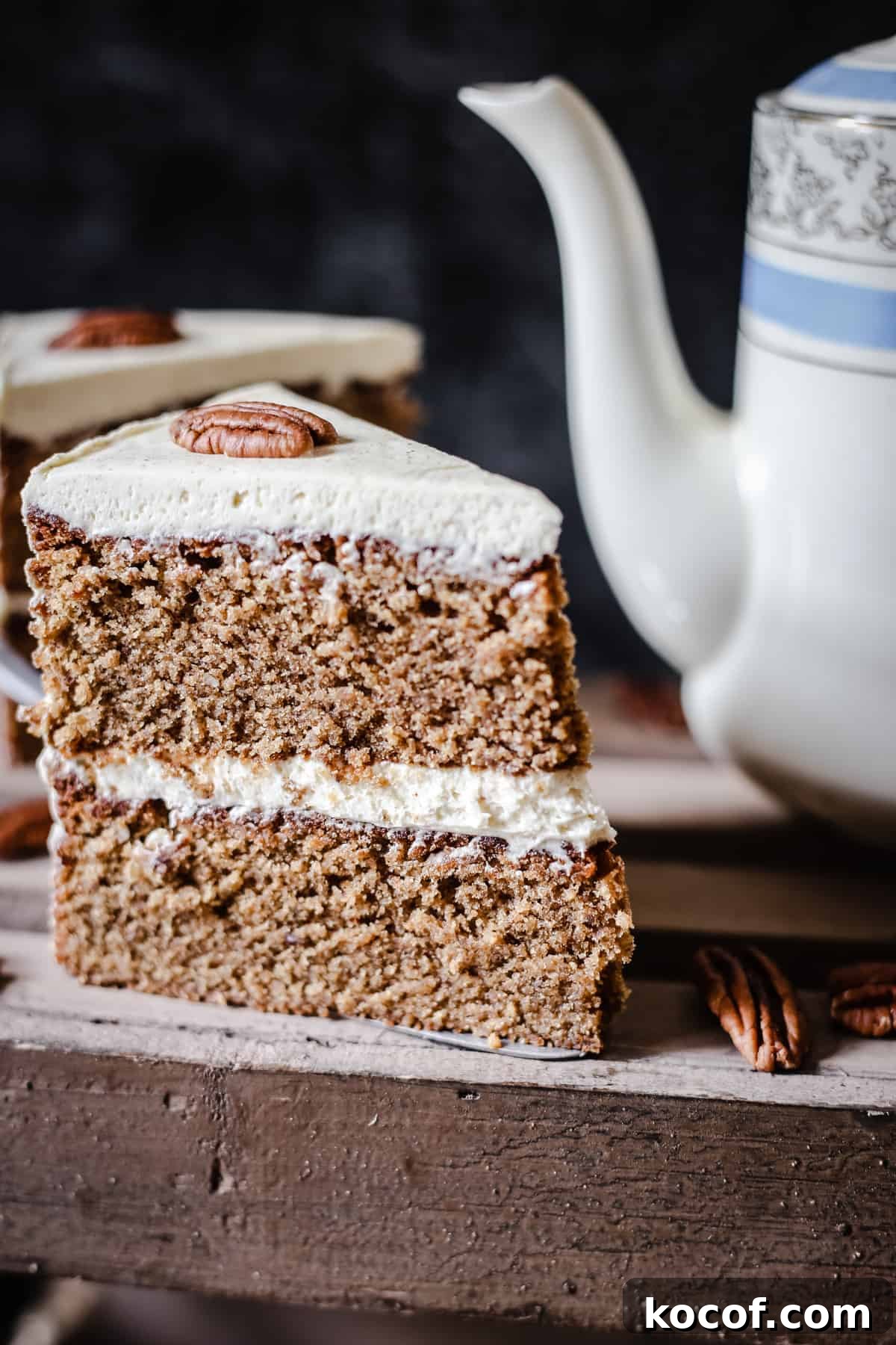 Gluten-Free Coffee Pecan Cake Recipe for Moist, Flavorful Slices 6 A slice of Pecan Butterscotch Latte Cake on a wooden box