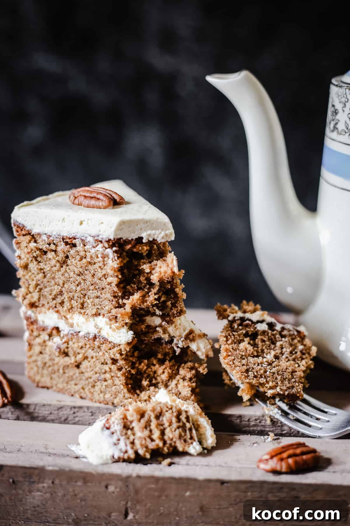 Gluten-Free Coffee Pecan Cake Recipe for Moist, Flavorful Slices 7 A slice of Pecan Butterscotch Latte Cake with a forkful taken out