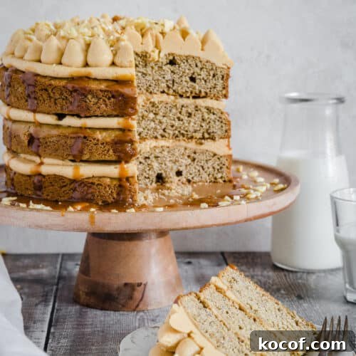 banana cake on a plate in front of cake on a stand