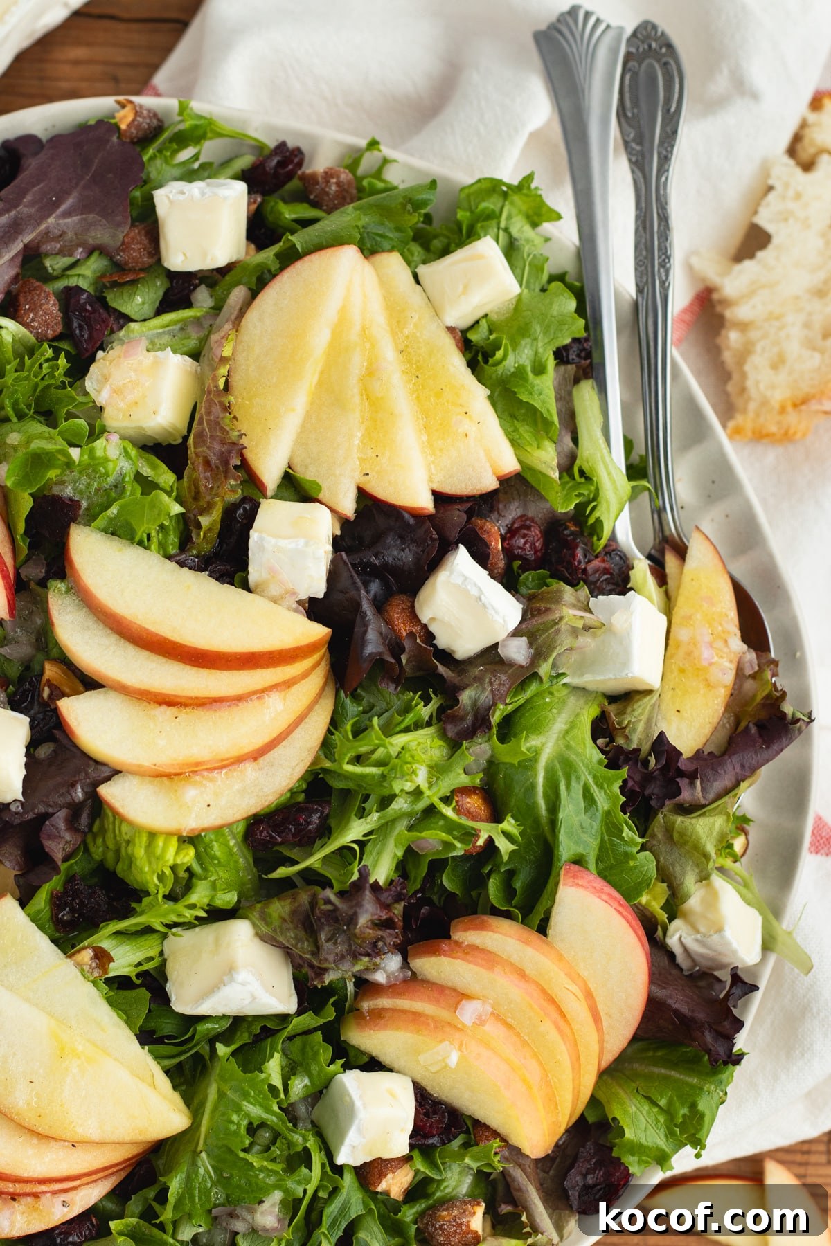 This is a picture of a plate filled with the salad with brie, apple, cranberries and almonds.