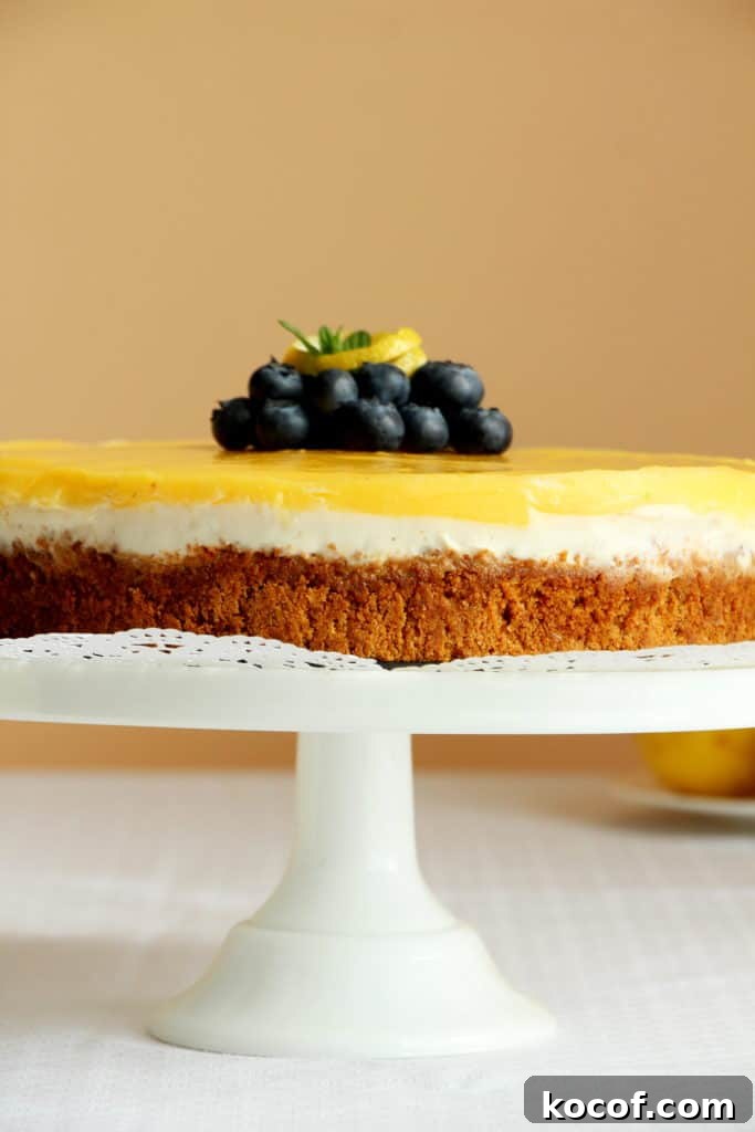 cheesecake with lemon curd on cake stand