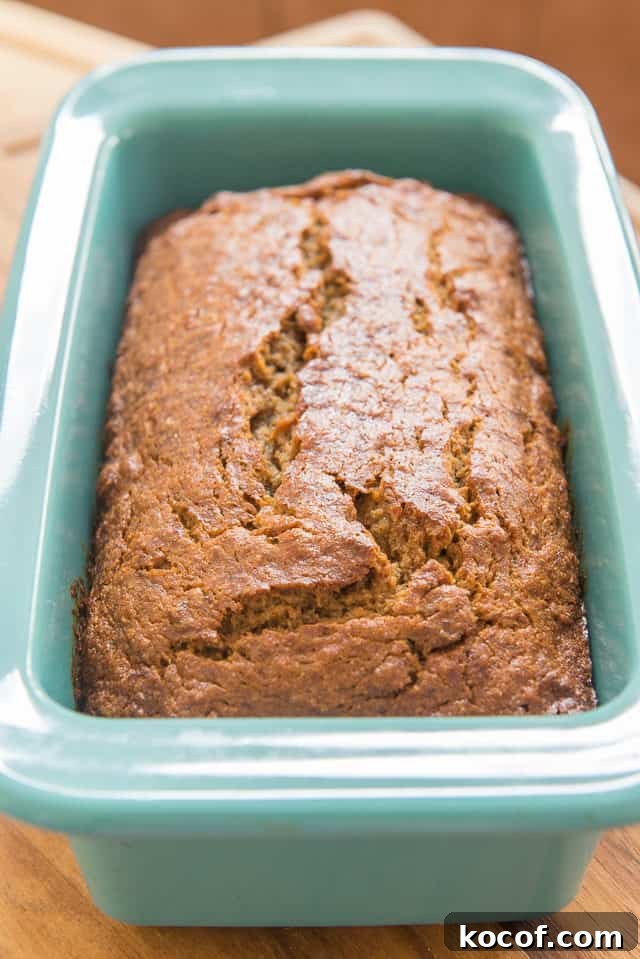 Whole Banana Bread Loaf in a Blue Ceramic Pan