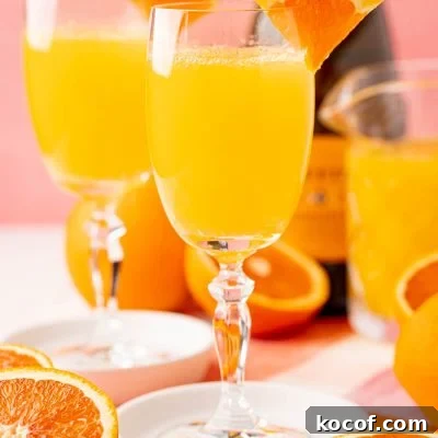 Close up photo of two mimosas on white coasters with sliced oranges around them.