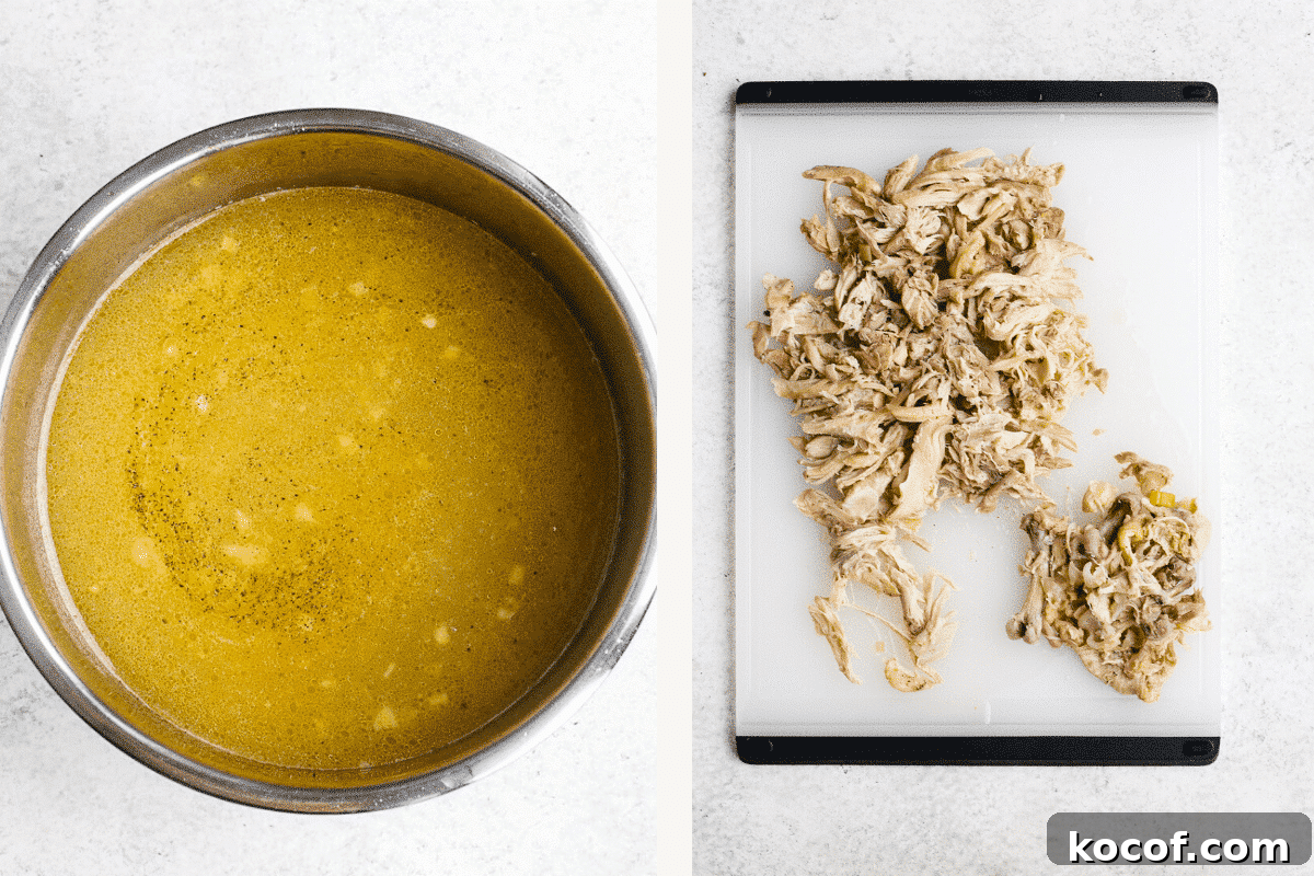 Creamy Instant Pot Chicken Noodle Soup Recipe 6 Left: broth, veggies, seasonings and chicken thighs in Instant Pot. Right: shredding chicken.