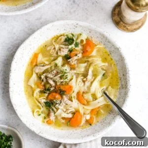 Instant pot chicken noodle soup in a white serving bowl.