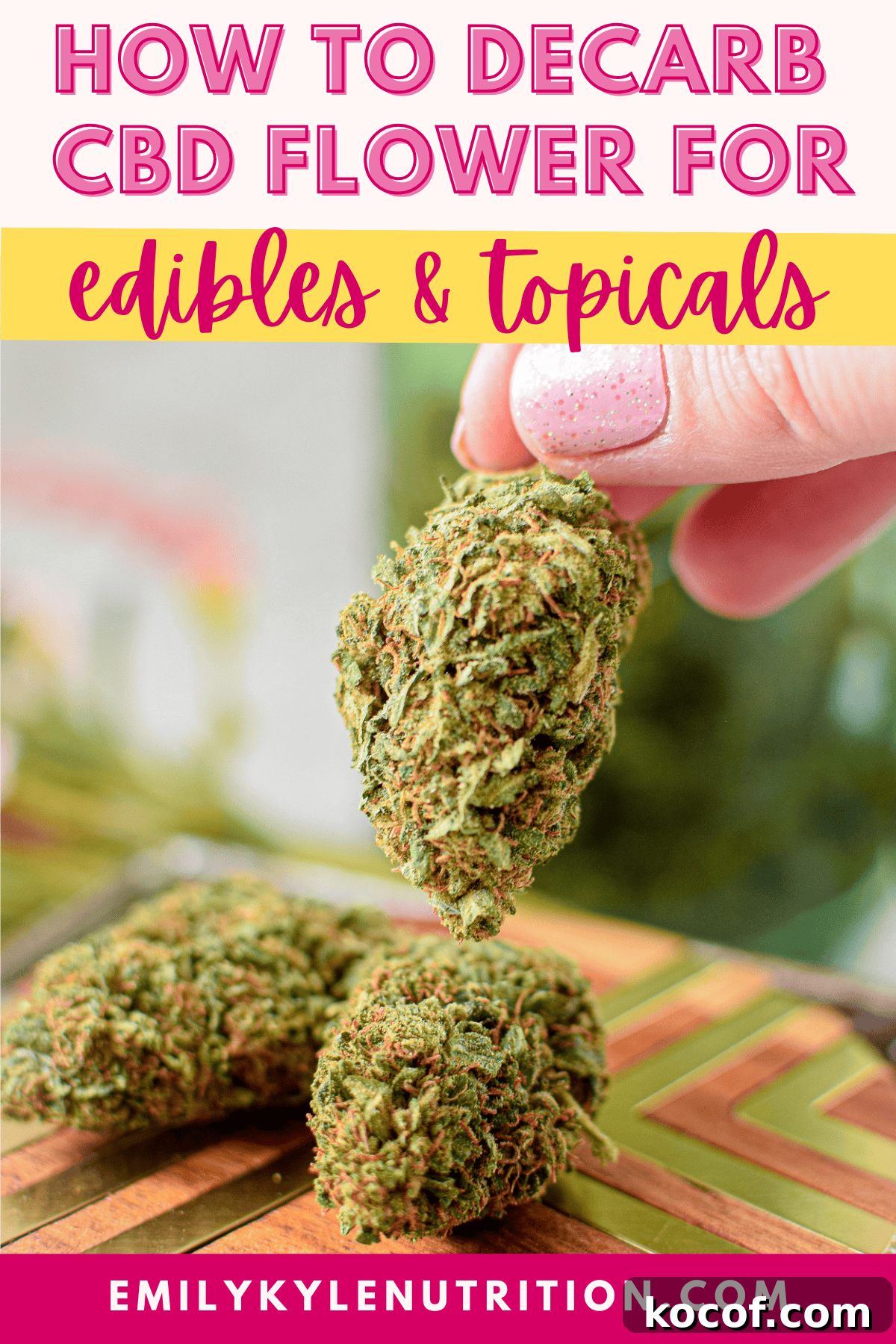 How to Decarboxylate CBD Flower Safely (Lab-Tested Method) 12 Cannabis buds with Text stating: "how to decarb CBD flower".