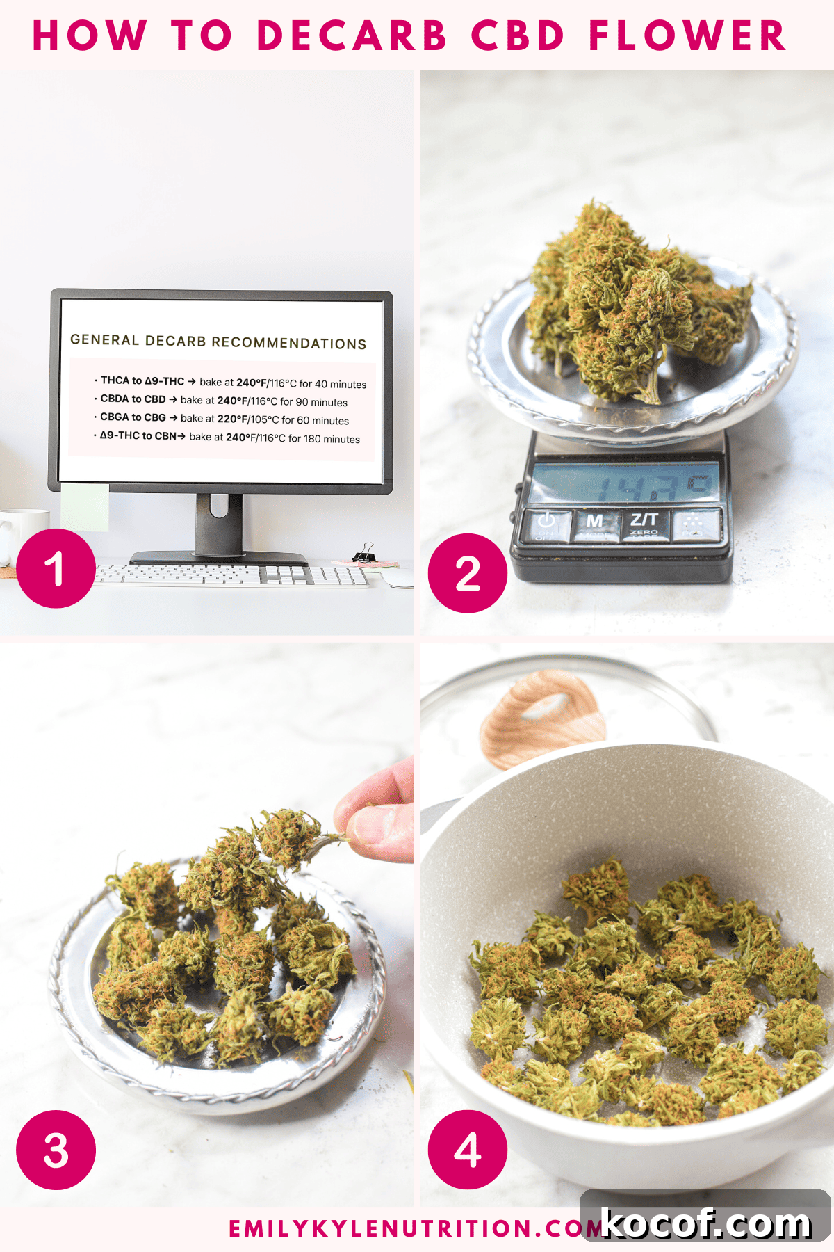 How to Decarboxylate CBD Flower Safely (Lab-Tested Method) 5 A four step image collage showing how to decarb cbd flower.