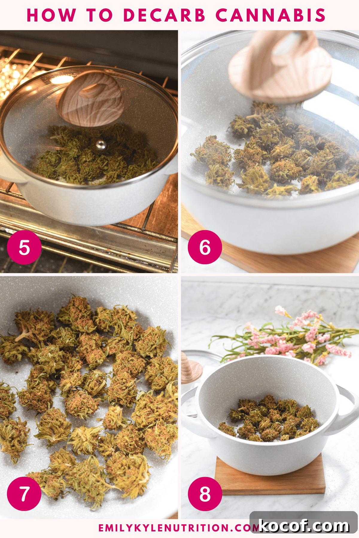 How to Decarboxylate CBD Flower Safely (Lab-Tested Method) 6 A four step image collage showing how to decarb cbd flower.