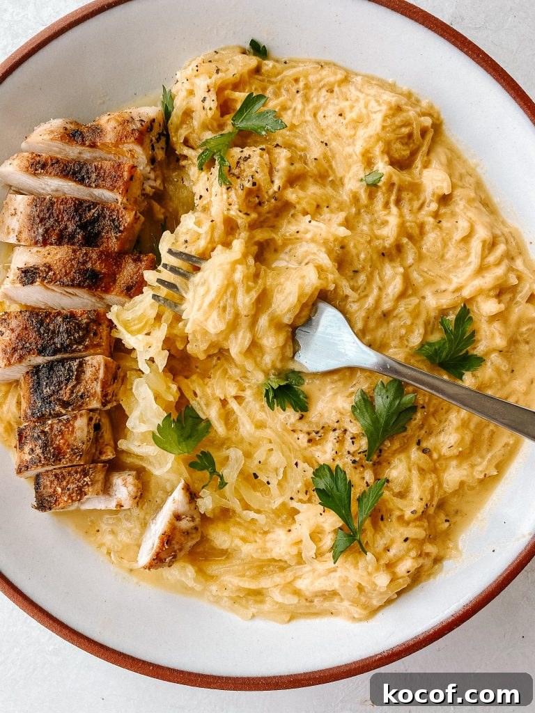 spaghetti squash with butternut mac and cheese sauce with sliced chicken breast