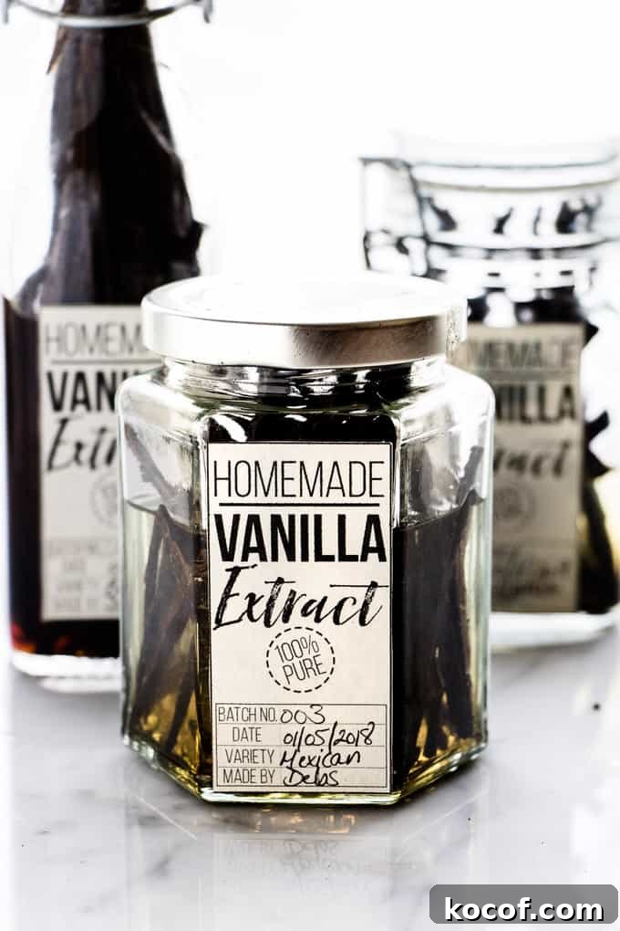 Homemade Vanilla Extract Recipe with Printable Labels 2 Homemade vanilla extract in a jar