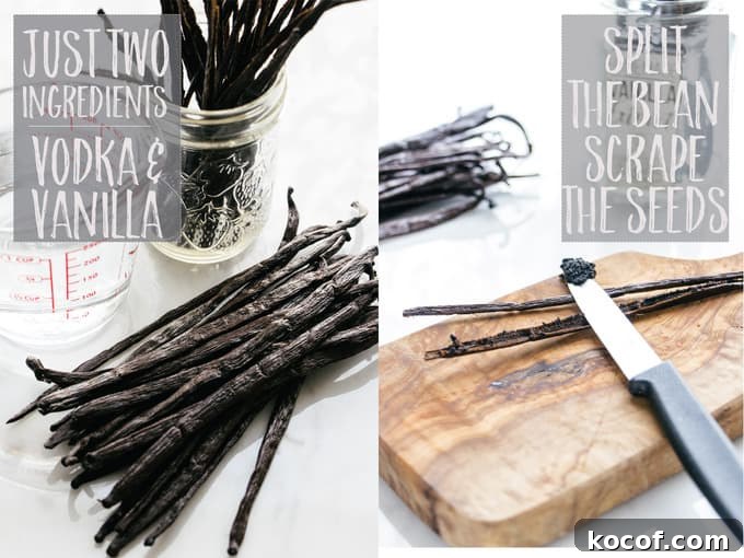 Homemade Vanilla Extract Recipe with Printable Labels 3 Vanilla beans split open to reveal seeds