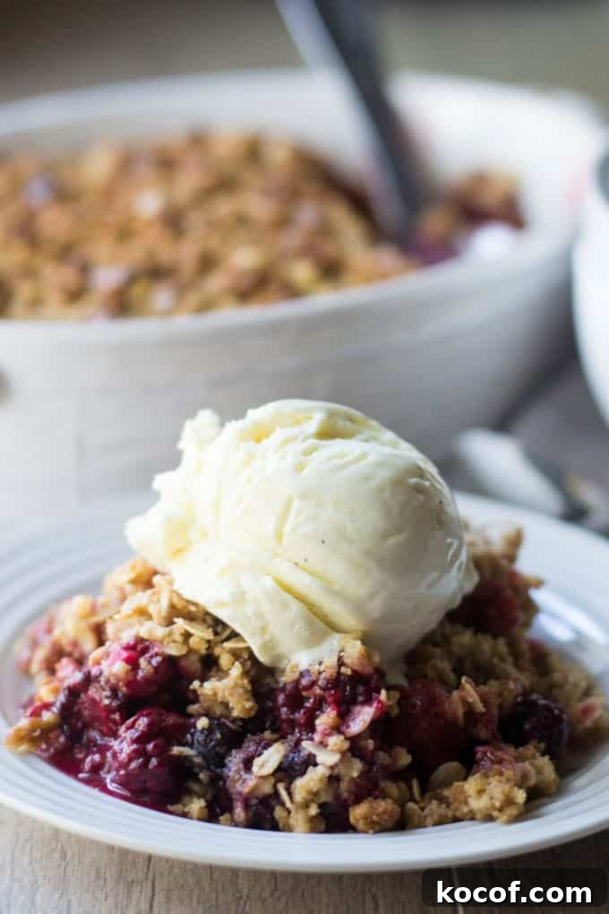 Mixed Berry Crisp Recipe: Quick Summer Dessert with Oats 4 Triple Berry Crisp topped with vanilla ice cream on a white plate