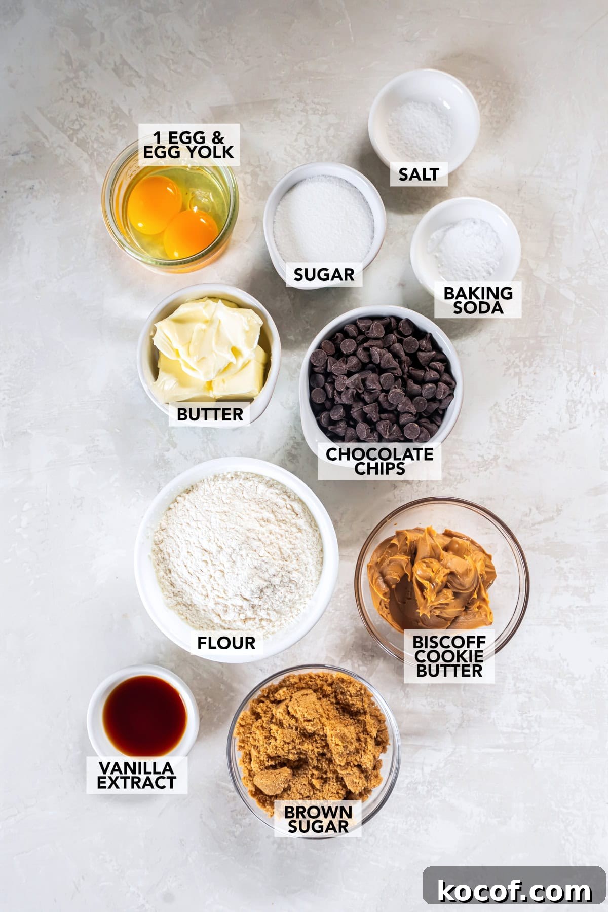 Chocolate Chip Cookie Butter Cookies Recipe for Crispy, Gooey Treats 4 ingredients on a table including cookie butter, flour, egg, egg yolk, sugar, brown sugar, salt, baking soda, vanilla extract, and butter.
