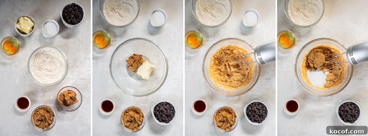 Chocolate Chip Cookie Butter Cookies Recipe for Crispy, Gooey Treats 5 step by step photos showing how to make chocolate chip cookie butter cookie dough by mixing butter, cookie butter, eggs, dry ingredients, and chocolate chips.