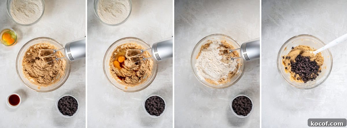 Chocolate Chip Cookie Butter Cookies Recipe for Crispy, Gooey Treats 6 photos displaying ingredients for chocolate chip cookie butter cookies and the mixing steps for combining butter, cookie butter, sugars, and eggs.