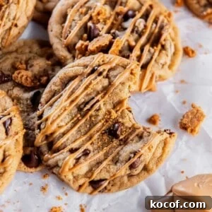 Chocolate Chip Cookie Butter Cookies Recipe for Crispy, Gooey Treats 10 close up of a chocolate chip Biscoff cookie drizzled with melted cookie butter and cookie crumbs.