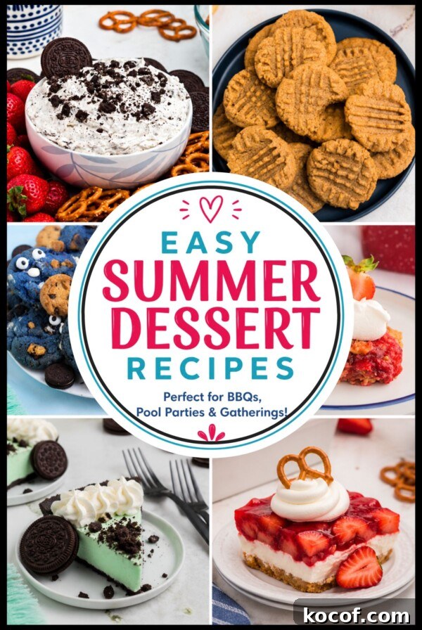 Collage of summer desserts including Oreo dip, coconut delight, grasshopper pie, strawberry dump cake, patriotic truffles, flag fruit pizza, Cookie Monster cookies, and strawberry pretzel salad.