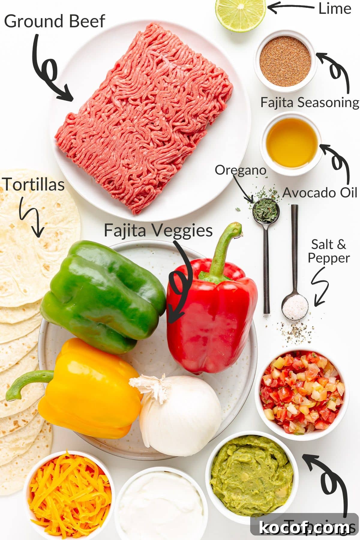 Quick Skillet Ground Beef Fajitas with Peppers and Onions 4 Labelled image of ingredients needed to make ground beef fajitas.