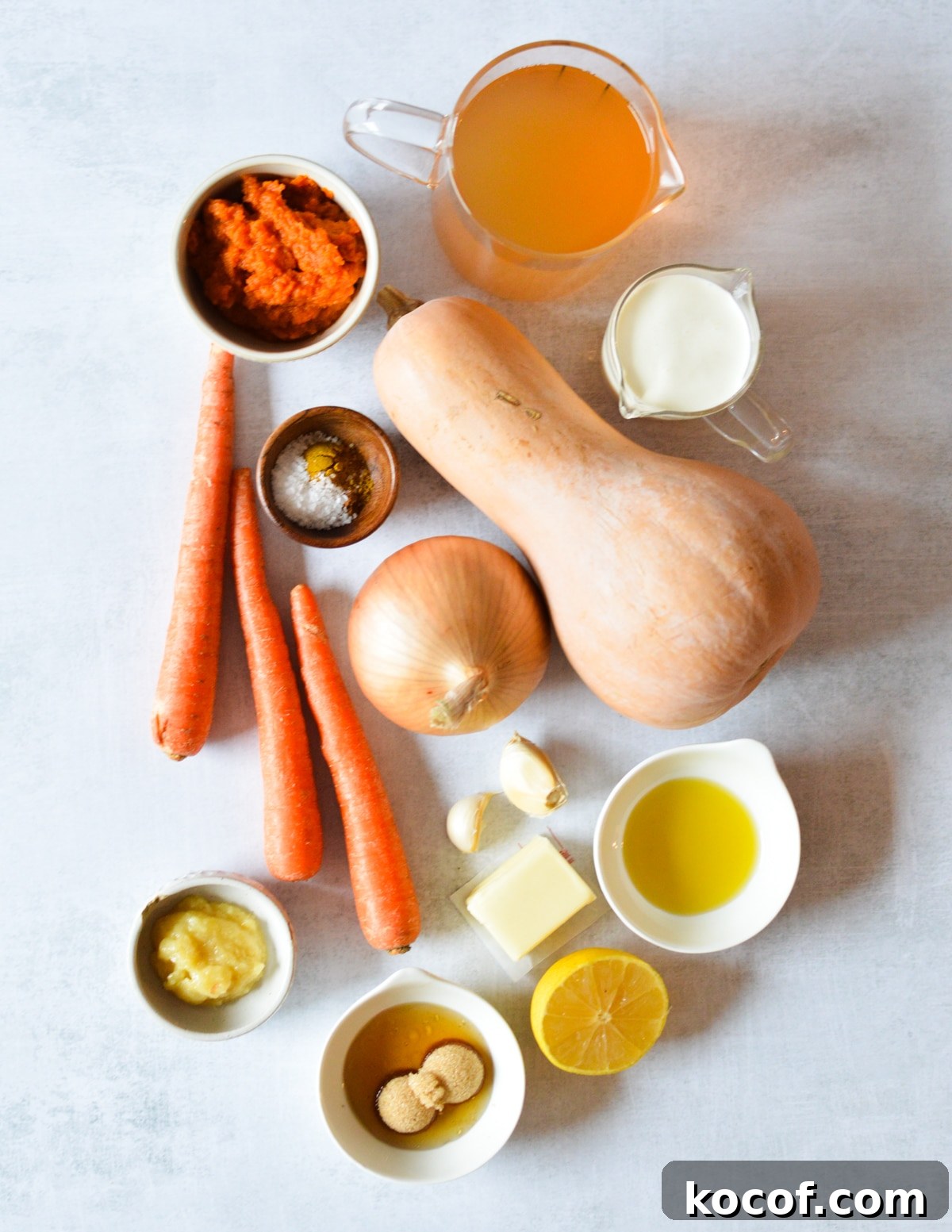 butternut squash, onion, carrots, olive oil, butter, garlic, honey, brown sugar, lemon, ginger paste. 
