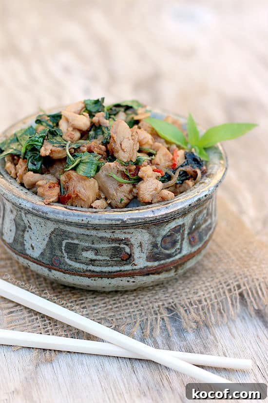 Close up photo of Spicy Thai Basil Chicken in a bowl with chopsticks