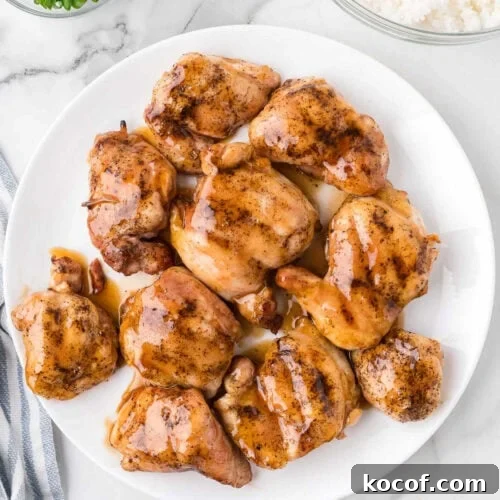 9 Juicy Grilled Chicken Recipes That Stay Moist Every Time 3 Juicy, seasoned chicken thighs glazed with honey on a white plate for a flavorful meal.