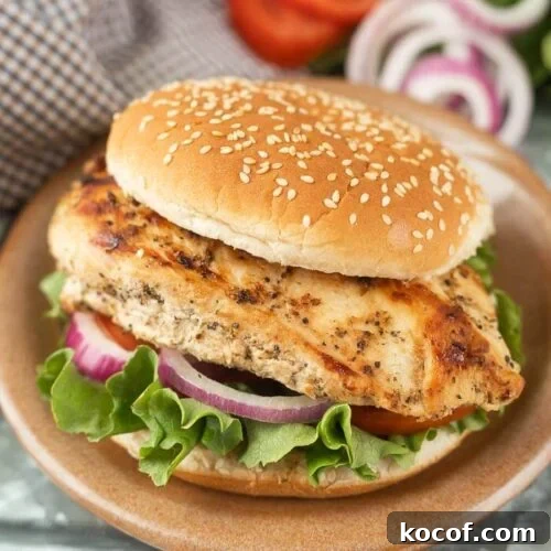 9 Juicy Grilled Chicken Recipes That Stay Moist Every Time 8 Grilled chicken sandwich on a sesame seed bun with lettuce, tomato, and onions.