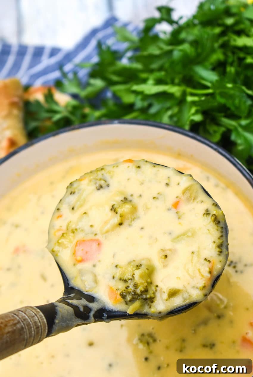 Copycat Panera Broccoli Cheddar Soup Recipe 5 a black ladle holding up a scoop of homemade broccoli cheddar soup