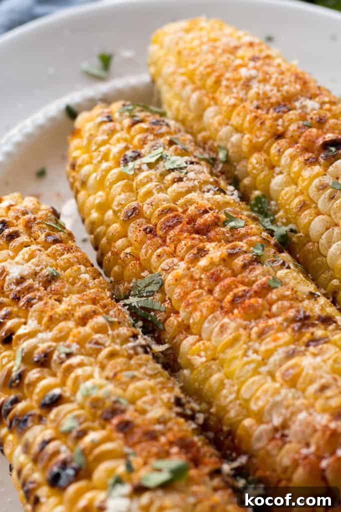 grilled sweet corn with paprika, parmesan, butter, and chopped cilantro on it