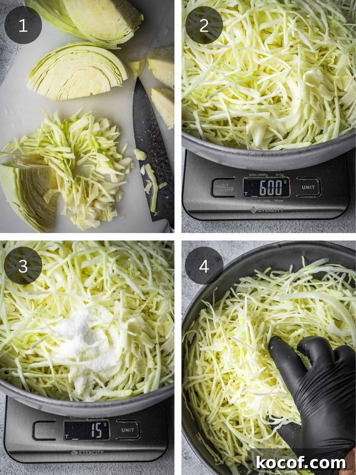 Recipe steps 1-4 show the shredding, the salting and the massaging of the cabbage.