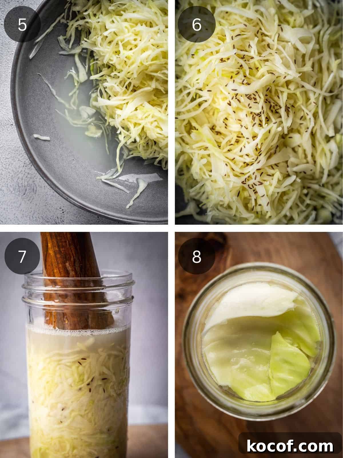 Recipe steps 5-8 show the seasoning and packing of the cabbage and brine in a mason jar.