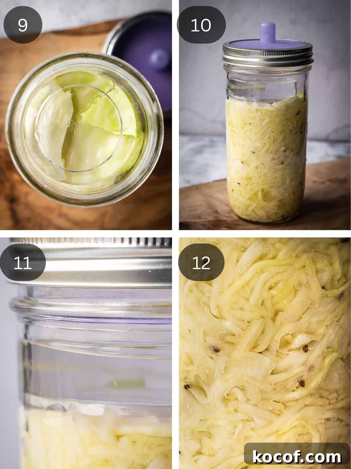 Recipe steps 9-12 showing the covering and fermenting of the cabbage.