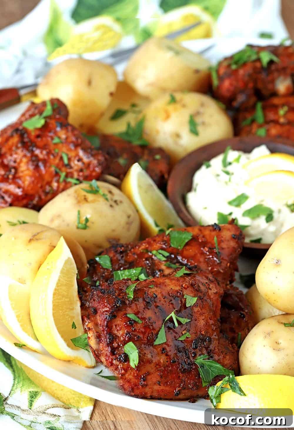Spanish-Style Tapas Chicken Recipe for Flavorful Small Plates 3 Chicken Thighs seasoned with Spanish flavors and baked with potatoes, served on a large plate.