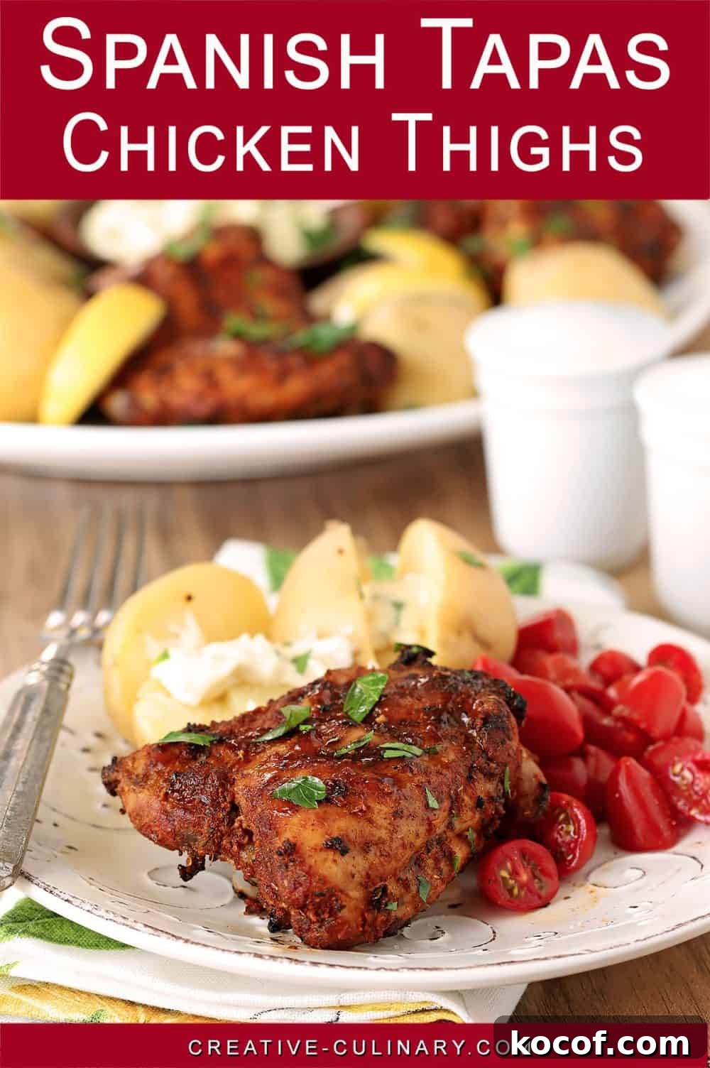Spanish-Style Tapas Chicken Recipe for Flavorful Small Plates 6 Pin for Spanish Seasonings accent chicken thighs served as tapas