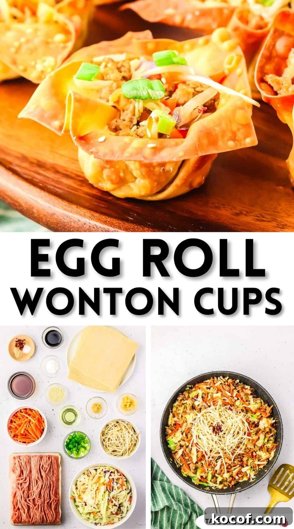 Pinterest pin image for egg roll wonton cups