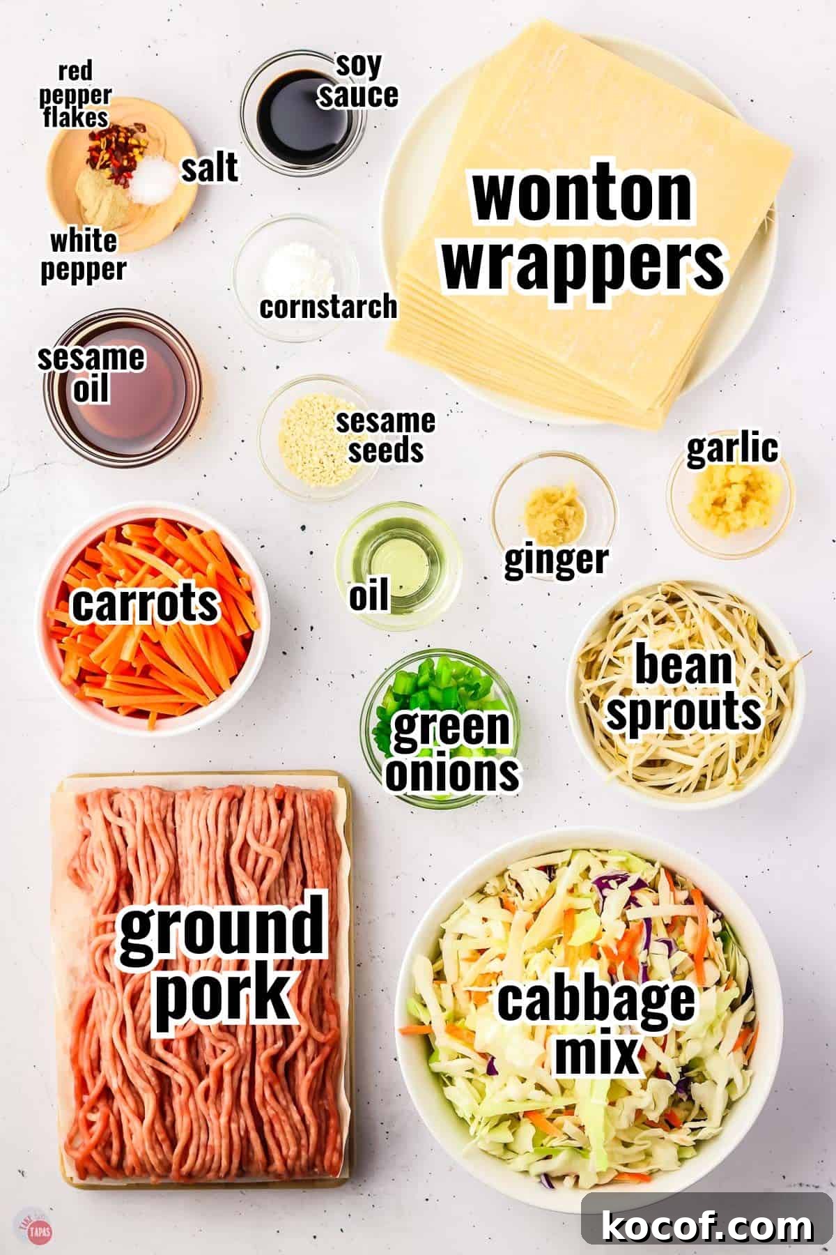ingredients for egg roll wonton cups recipe with text overlay labeling them