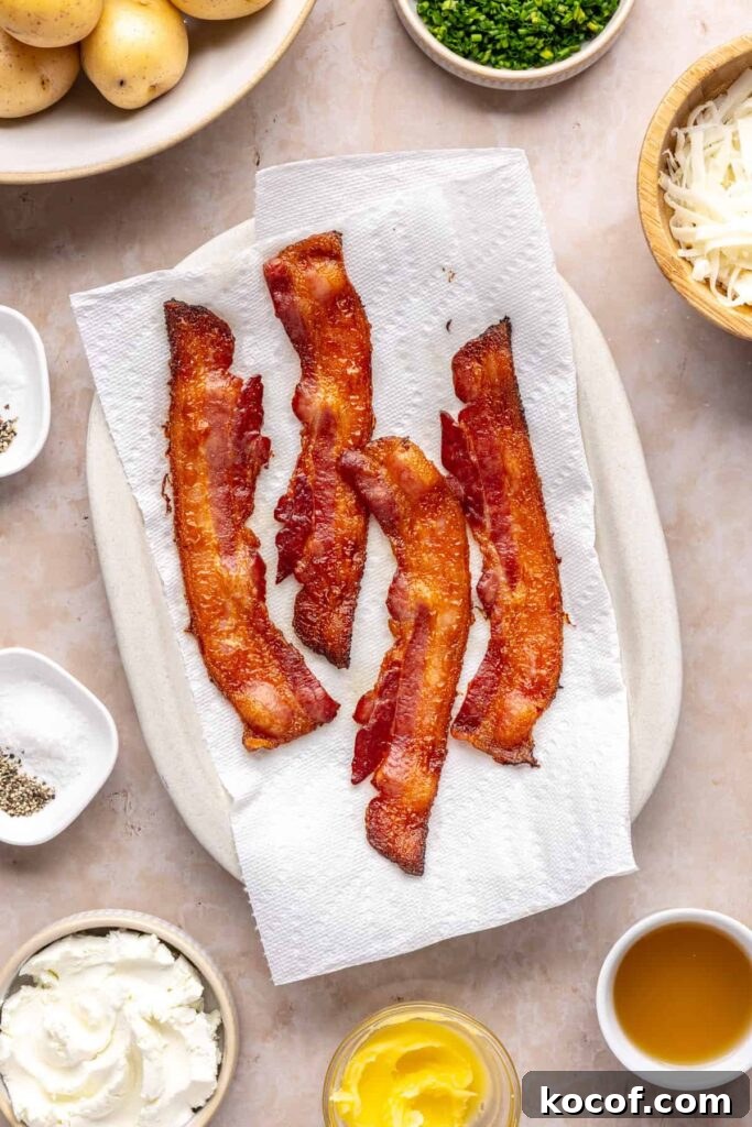 Crispy baked bacon pieces on a paper towel-lined plate