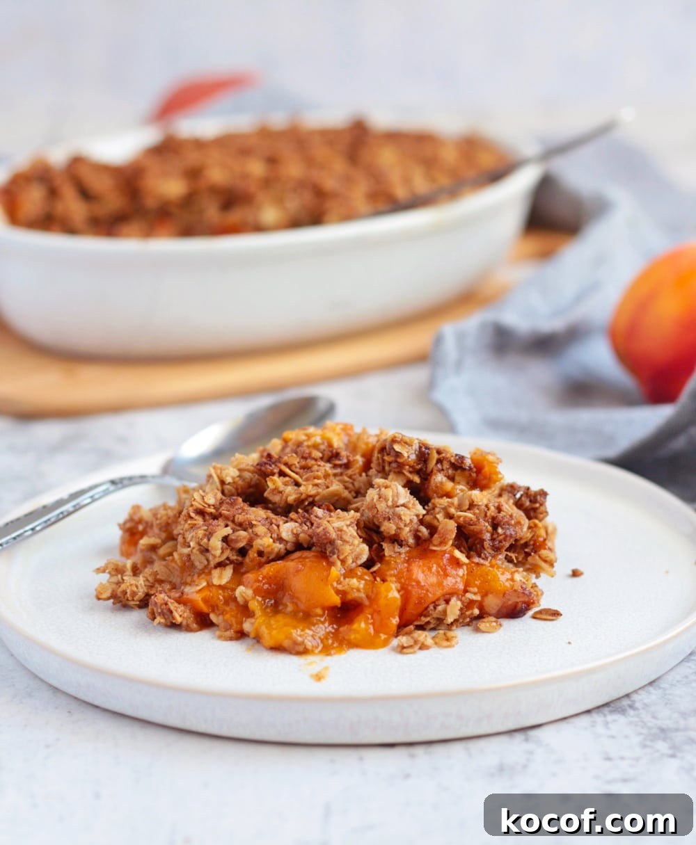 Apricot Crumble with Crunchy Oat Topping 3 One serving of the dessert on a white plate with a metal spoon