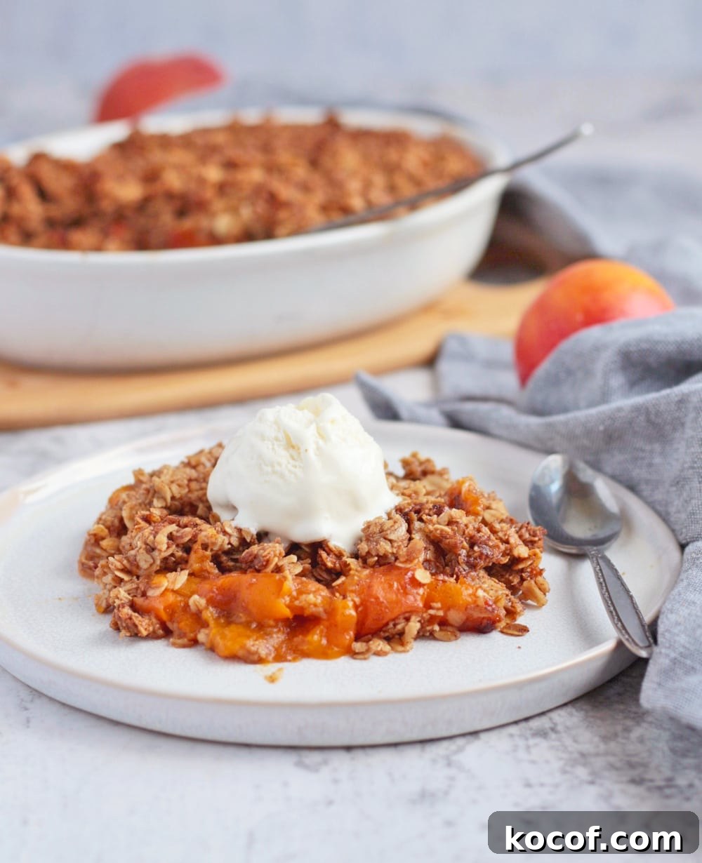 Apricot Crumble with Crunchy Oat Topping 7 A serving of crumble on a white plate topped with ice cream