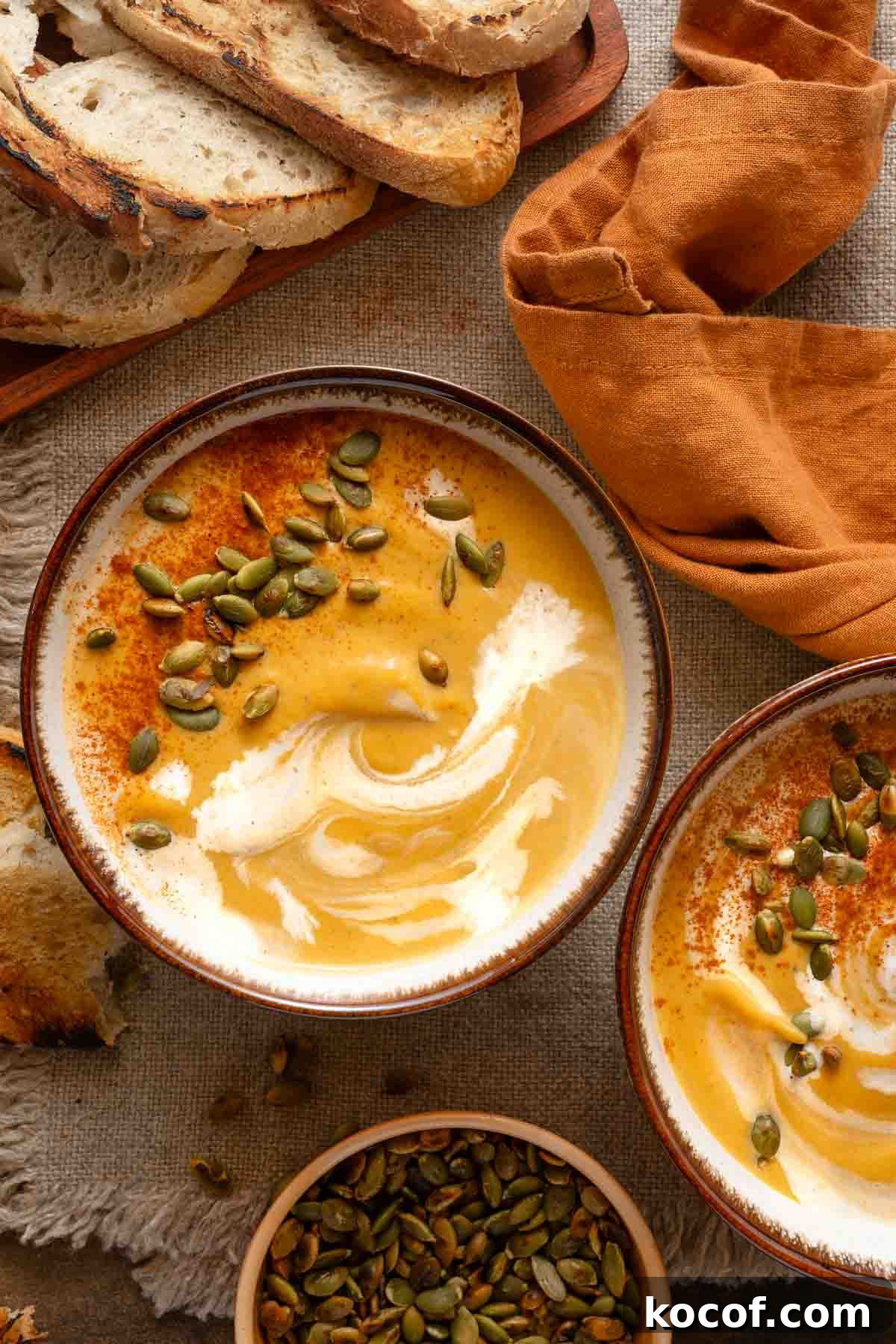 bowl of sweet potato pumpkin soup garnished with pumpkin seeds and cream.