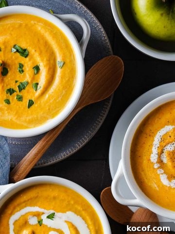 Carrot Pumpkin Apple Soup in 3 bowls with wooden spoons