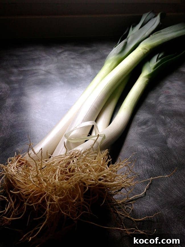 Creamy Potato and Leek Soup Recipe — Comforting Weeknight Meal 4 leeks on a black counter