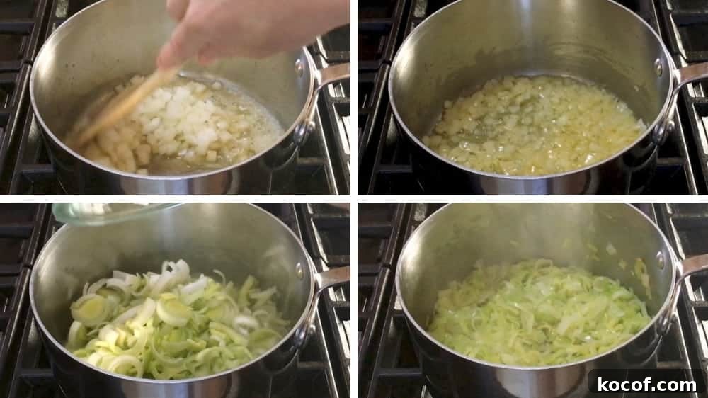 Creamy Potato and Leek Soup Recipe — Comforting Weeknight Meal 5 Softening onions and leeks in butter for potato leek soup