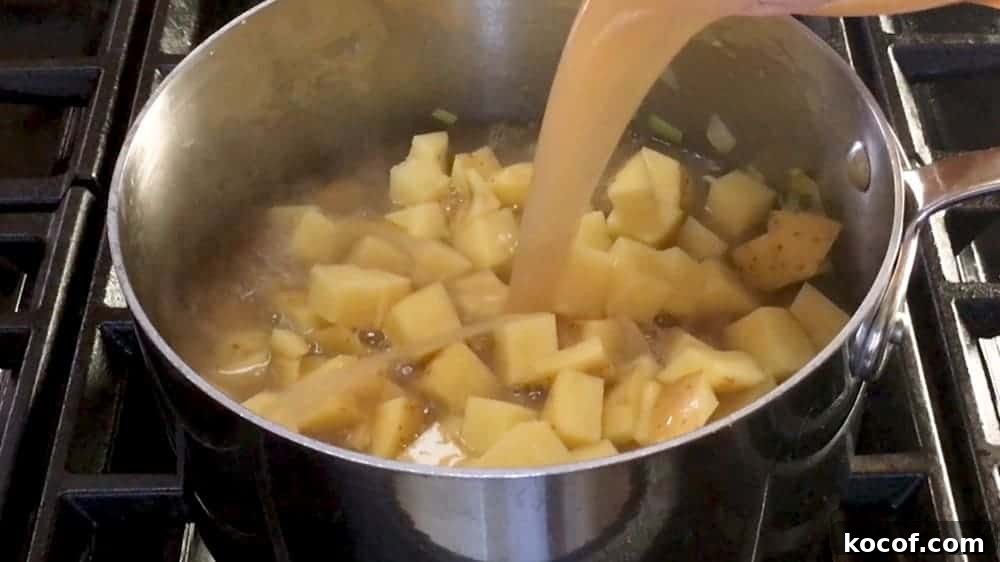 Creamy Potato and Leek Soup Recipe — Comforting Weeknight Meal 6 adding broth and potatoes to potato leek soup
