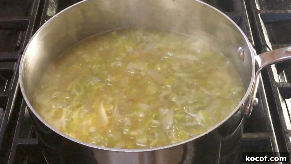 Creamy Potato and Leek Soup Recipe — Comforting Weeknight Meal 7 simmering potato leek soup