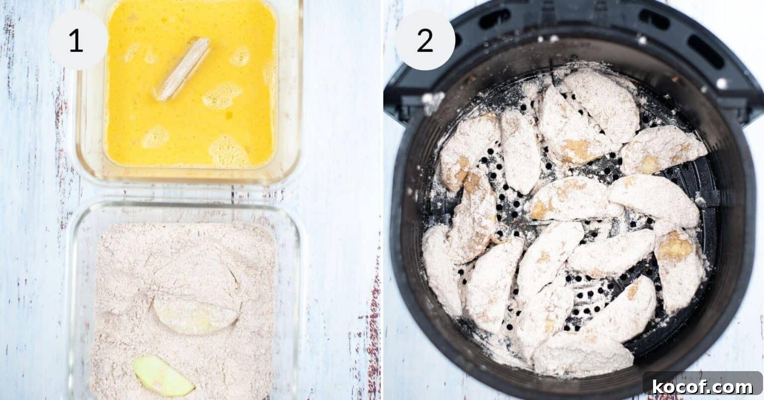 Crispy Pumpkin Spice Air‑Fried Apple Slices for Fall Snacks 5 Slices of apple are coated in batter and flour in one glass dish, then transformed into crispy delights as they're air fried to perfection in the next step.